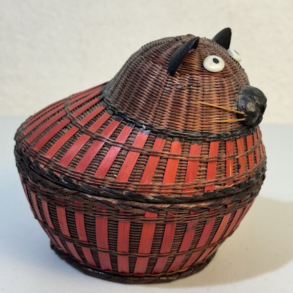 VTG Cat Shaped Woven Wicker Basket Straw Rattan Lidded Trinket Box Boho 6” X 6” - Picture 3 of 6